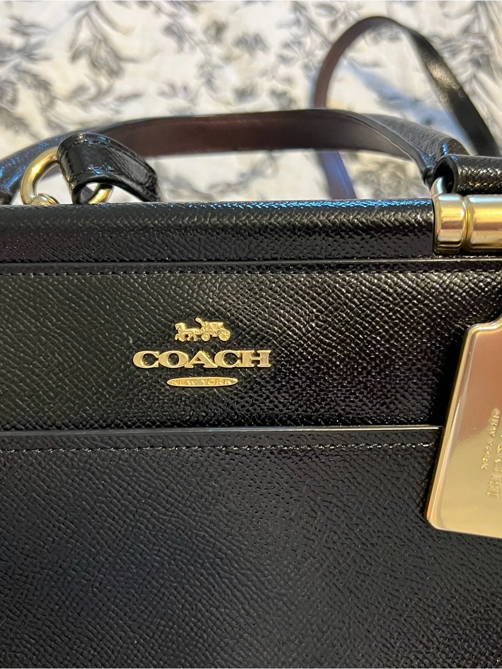 COACH Black Leather Structured Top-Handle Satchel with Gold Hardware